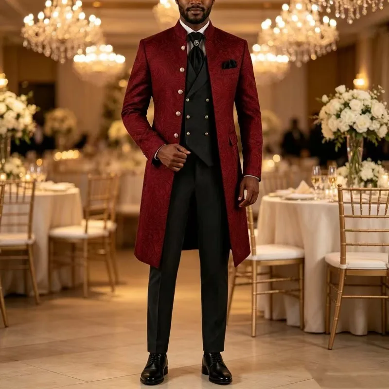 Long Floral Pattern Wedding Suits Men 3‑Pieces Single Breasted Groom Tuxedo with Stand Collar Jacket Vest Pants Evening Outfit