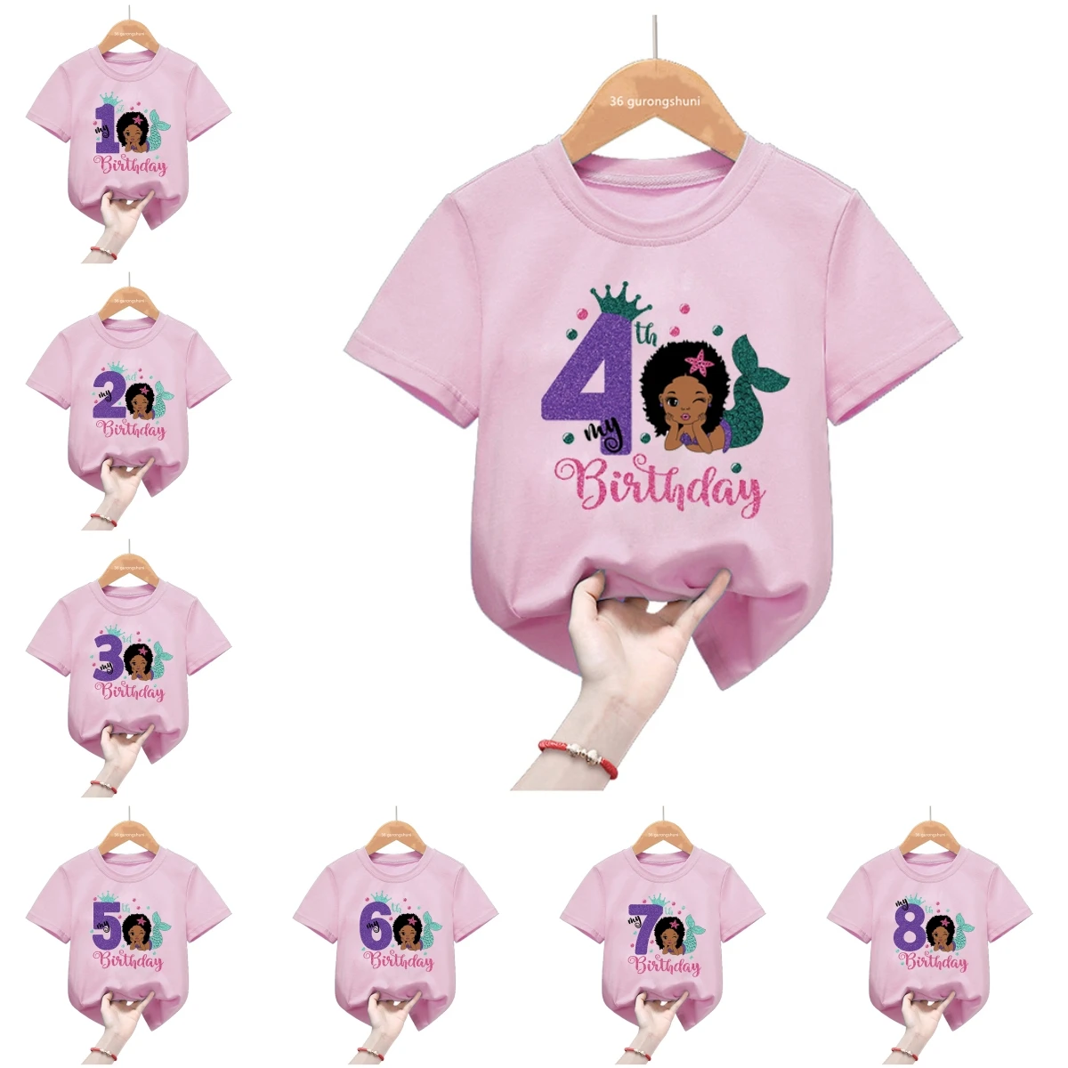 

Pink Tops Mermaid My 1-9 Birthday T-Shirt Black Girls Melanin T Shirt Birthday Gift Kids Clothes Short Sleeve Tees Name Custom