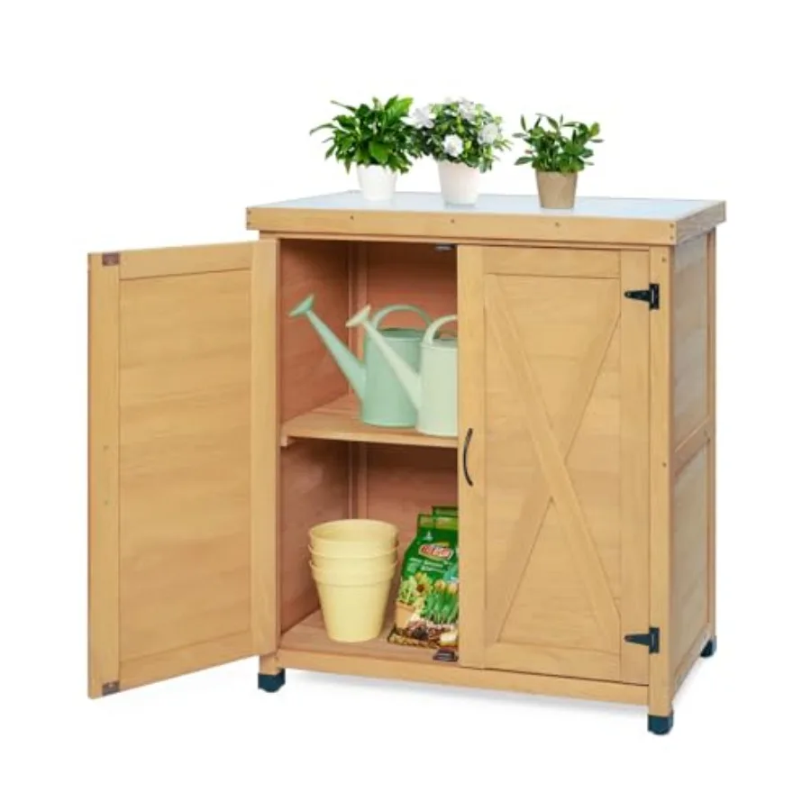 Potting Bench with Storage Cabinet and Metal Table Top for Outdoor Patio Garden Work Station Table Solid Wood X-Shape Design Li