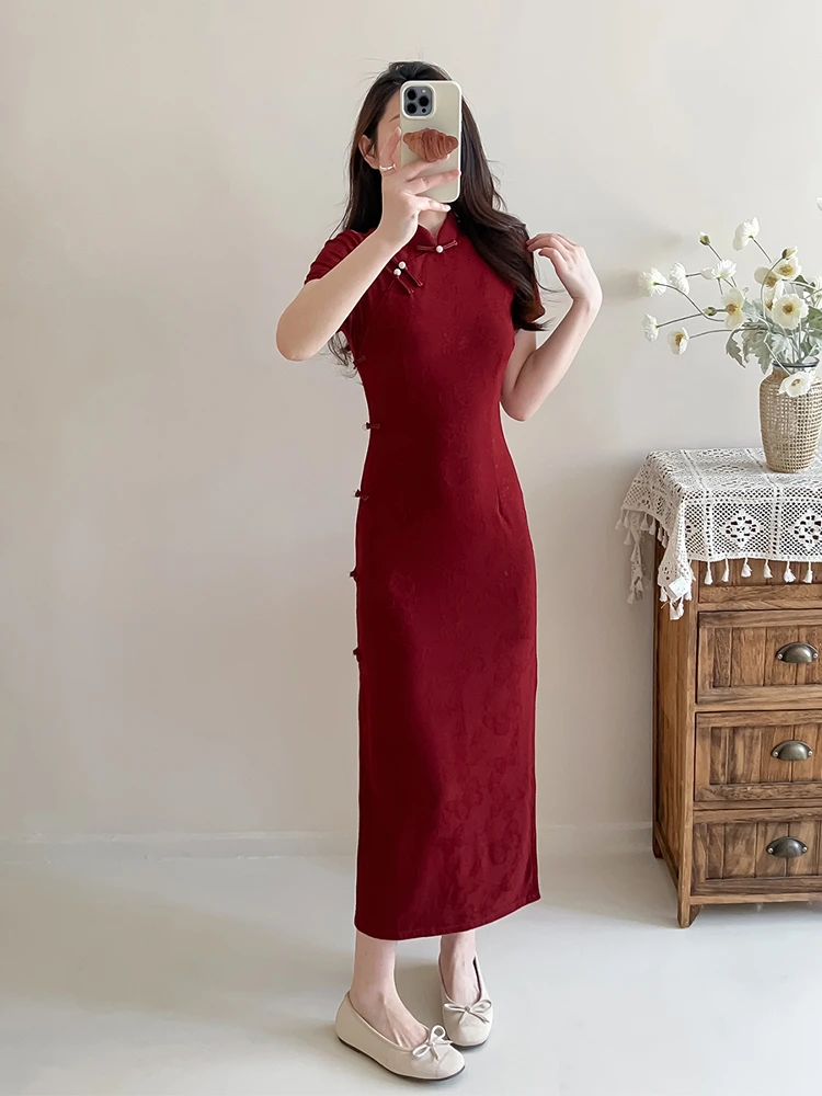 

Ele Red Velvet Young Sle Qipao Vintage Beau Engagement Par Wear Slim Fit Daily Wear Comfortable Breathable Long Dr