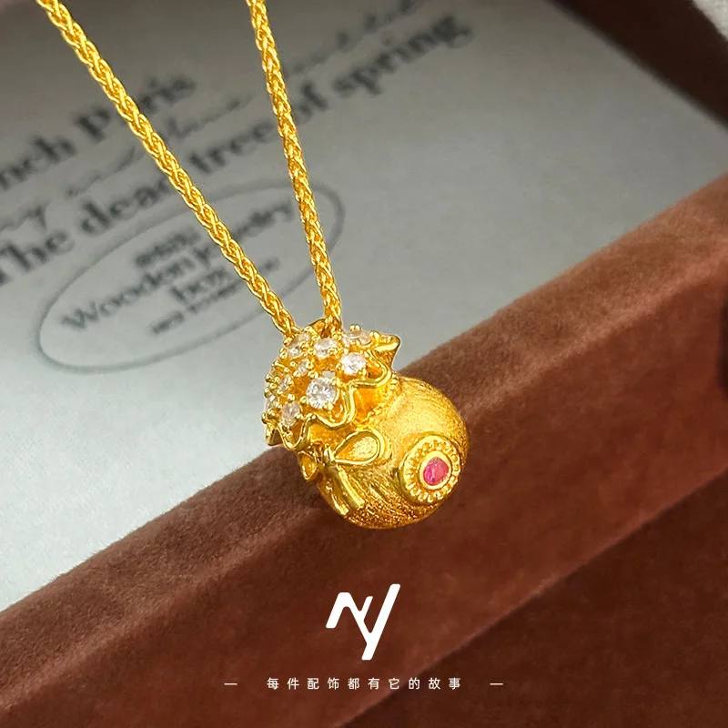 

9999 24 К настоящее золото светлый роскошный бриллиантовый матовый кулон Lucky Bag женское новое ожерелье Lucky Bag в китайском стиле