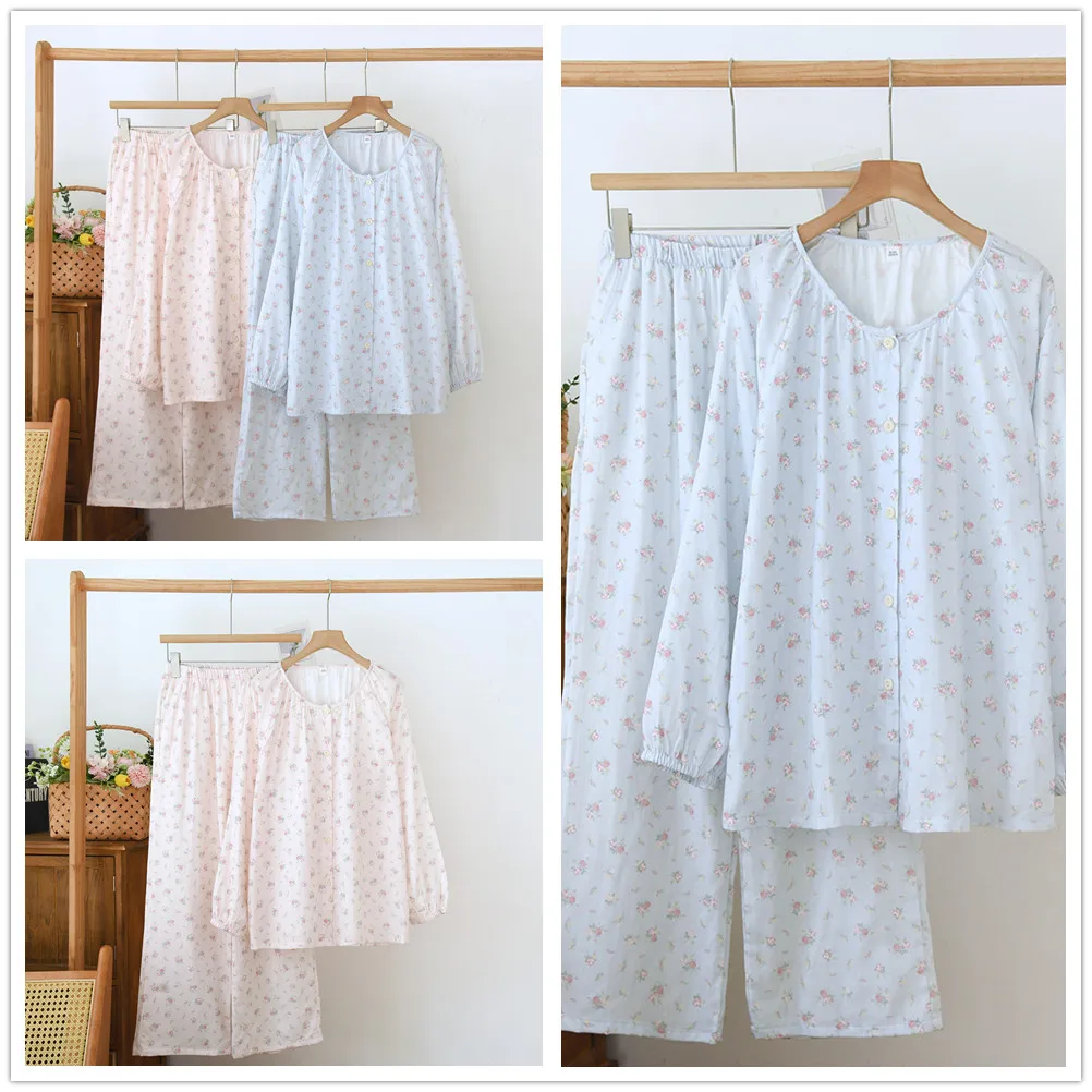 Women's Cotton Gauze Pajamas for Summer Cute Sweet Floral Print Long Sleeve Long Pants Thin Home Wear Clothes