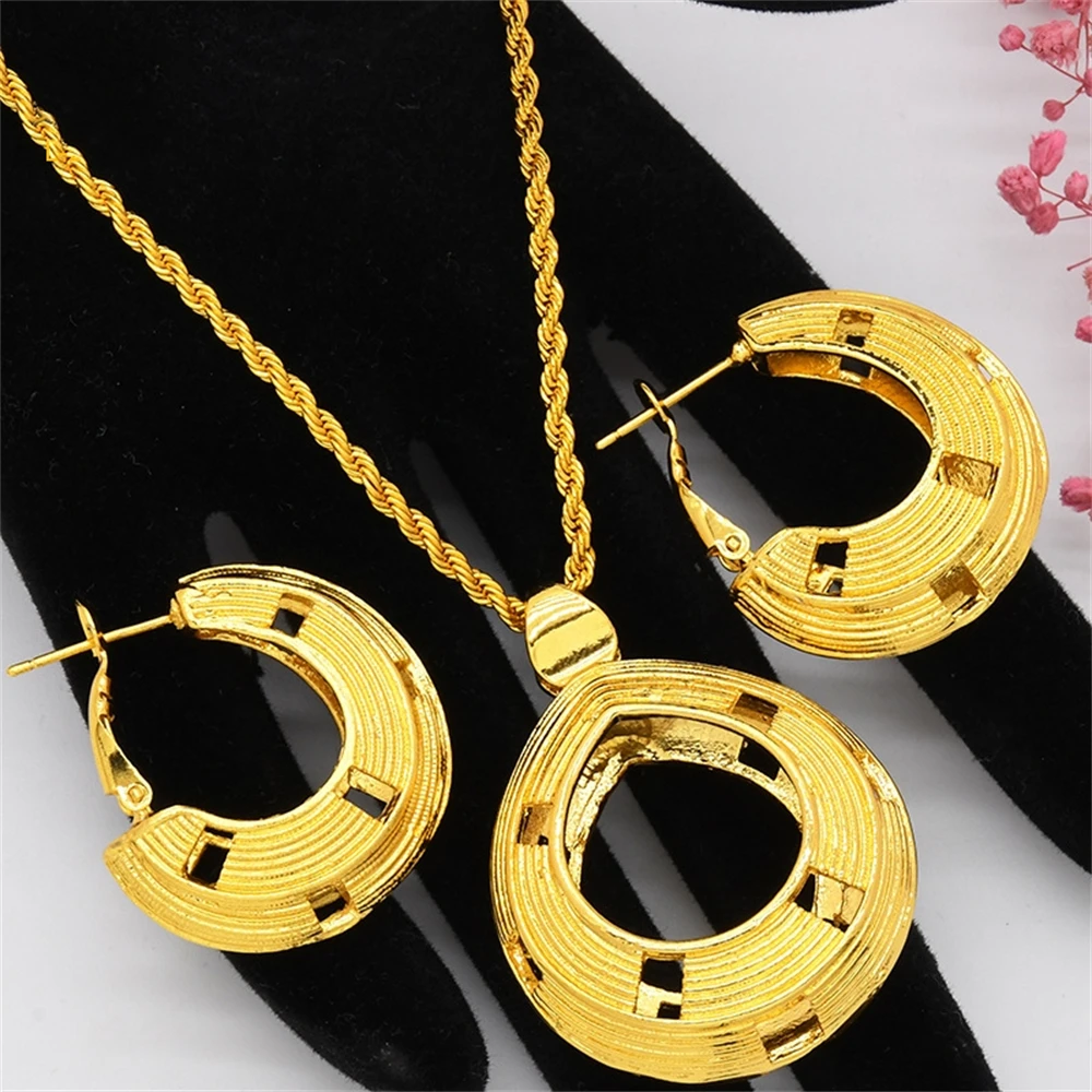 ESALE 24k Gold-plated Earrings Necklace Two-piece Jewelry Set Dubai India Africa Nepal Wedding Party Banquet Set