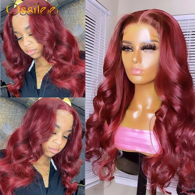 Perruque Body Wave Lace Front Naturelle pour Femme, Cheveux Humains, Bordeaux 99J, 13x4, Balayage Transparent