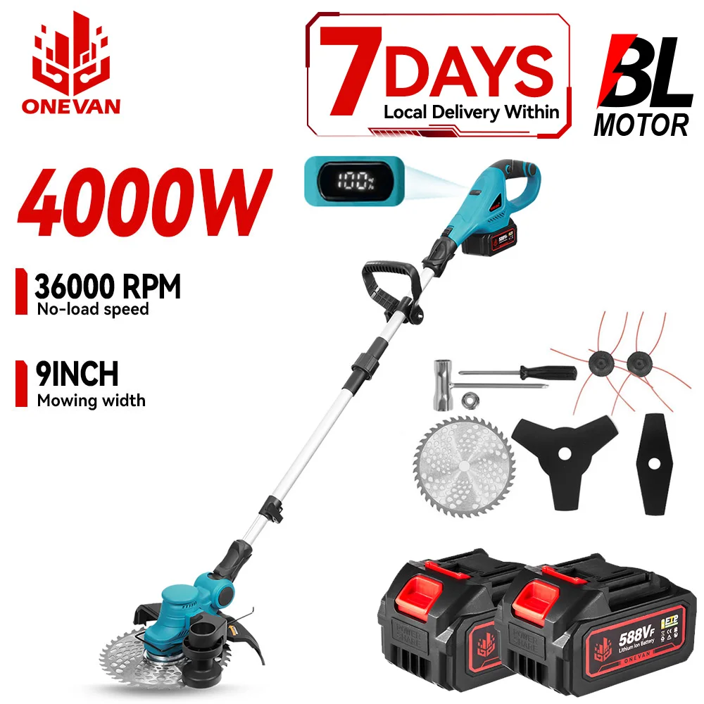 Tondeuse à gazon électrique sans fil ONEVAN 4000W 9 pouces, outil de coupe d'herbe sans fil, outil électrique pour batterie Makita 18V