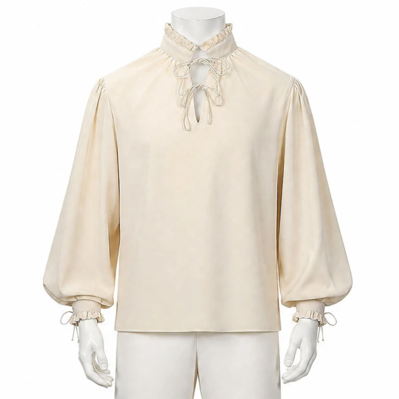 Renaissance Medieval Pirate Shirt for Men Women,Beige Ruffled Stand Collar Lace‑Up Lantern Unisex Cosplay Costume Gothic Shirts