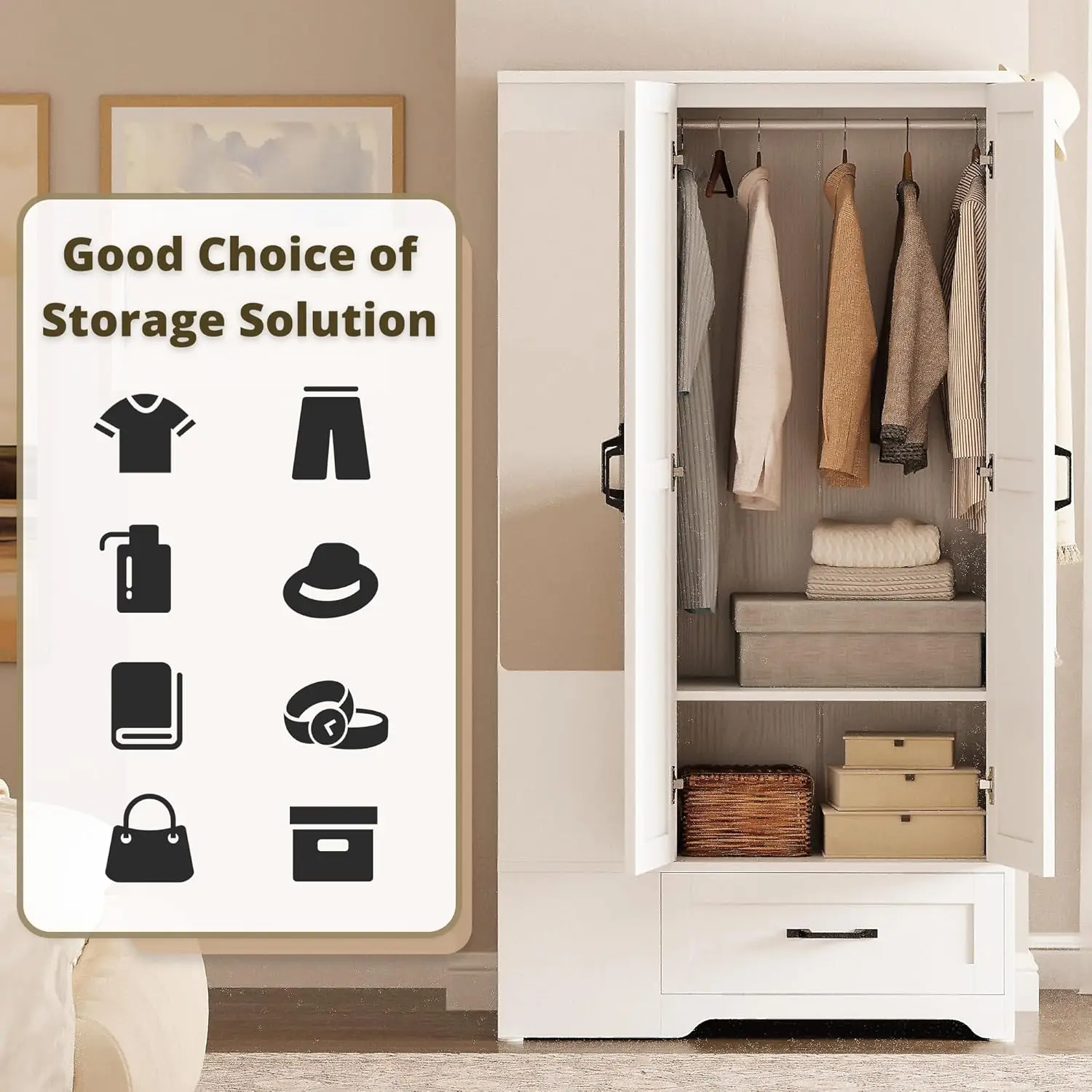 خزانة ملابس LIKIMIO Armoire مع أبواب وأدراج الحظيرة ومرآة كاملة و5 أرفف تخزين وخزانة غرفة نوم خشبية مقاس 70 بوصة