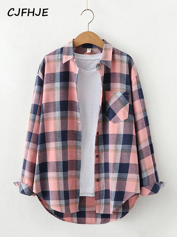 CJFHJE-camisa a cuadros de franela Vintage para mujer, blusa holgada de manga larga con bolsillos y cuello vuelto, Tops básicos informales para