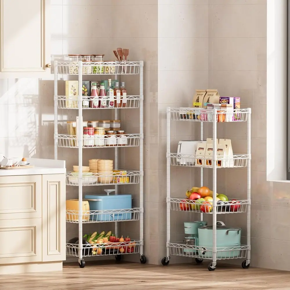 Adjustable 6-Tier Wire Basket Shelf - Large Storage Rack for Garage, Kitchen, Office, Pantry, Corner - White, 17x12x63