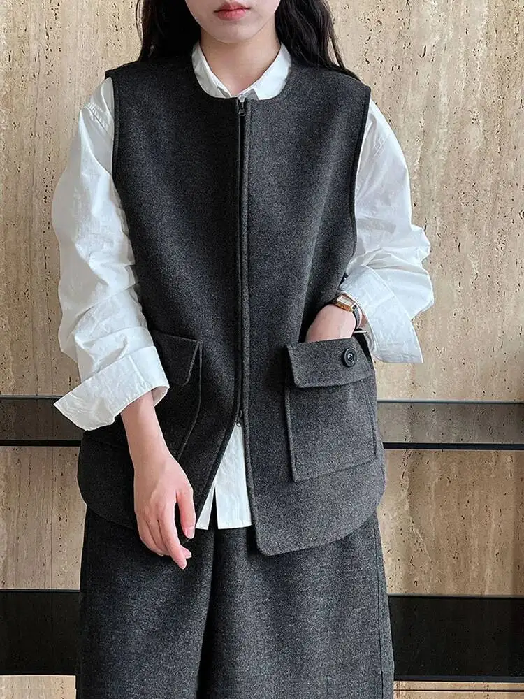 

Женский серый карманный повседневный длинный шерстяной жилет большого размера, новый модный жилет без рукавов с круглым вырезом, осень-зима