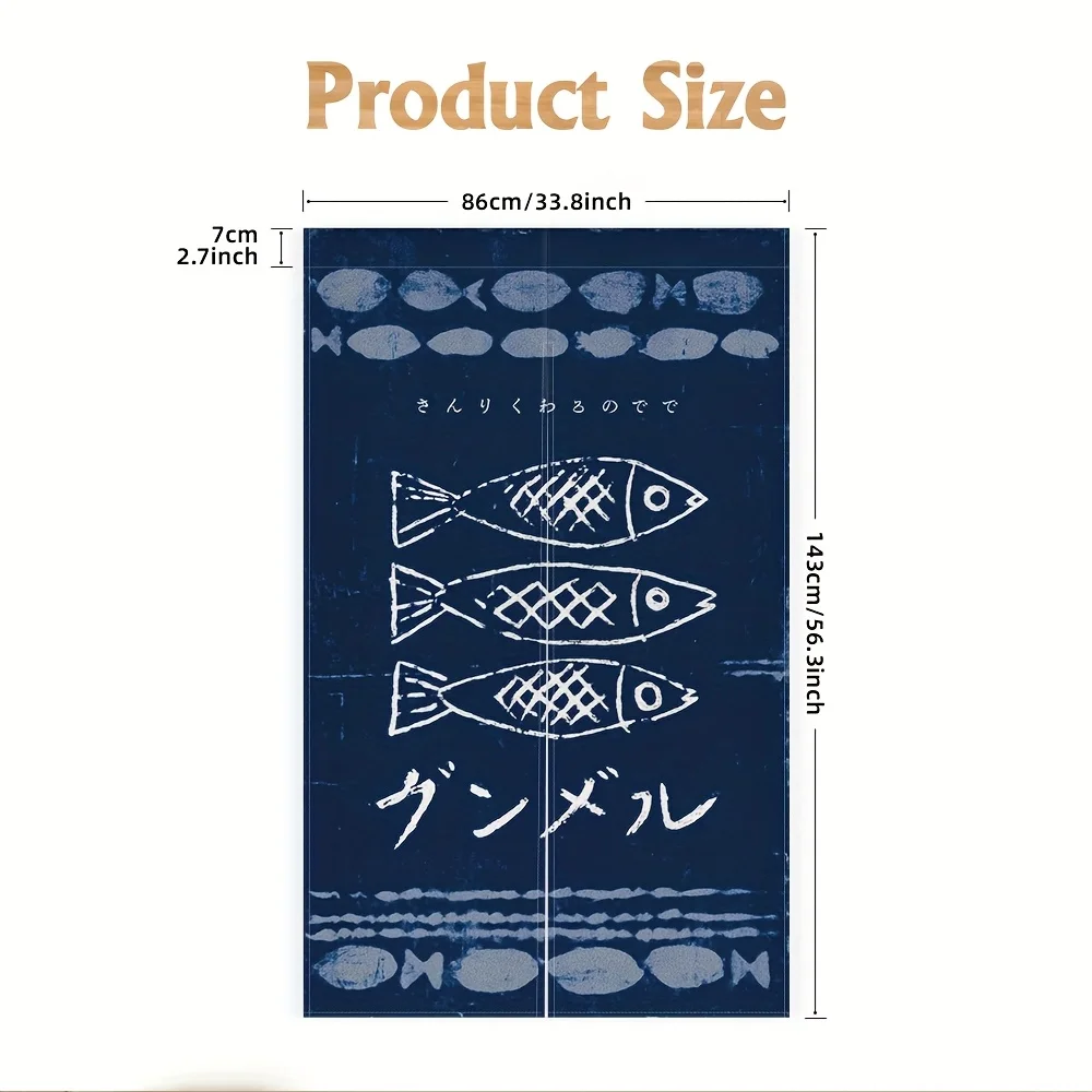 Noren Curtain – Navy Blue & White Koi Fish Pattern, Japanese Text, for Kitchen or Entryway Decor