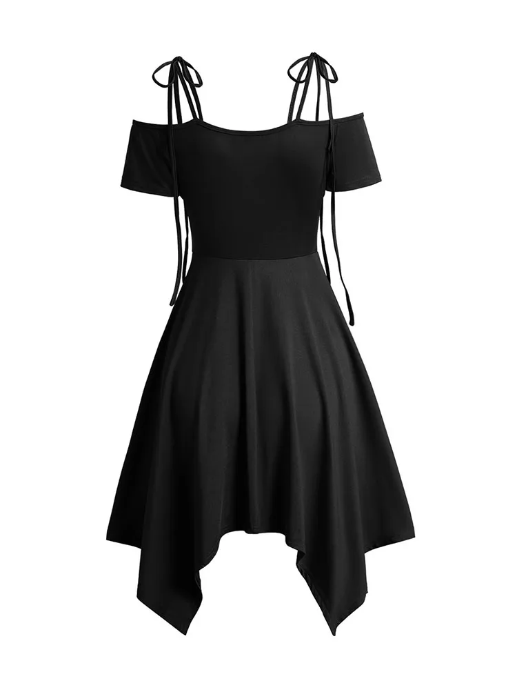 Women Black Dresses Cold Shoulder Lace Up Asymmetric Dress Tie Knot Shoulder Chain Solid Color Short Sleeve Dress