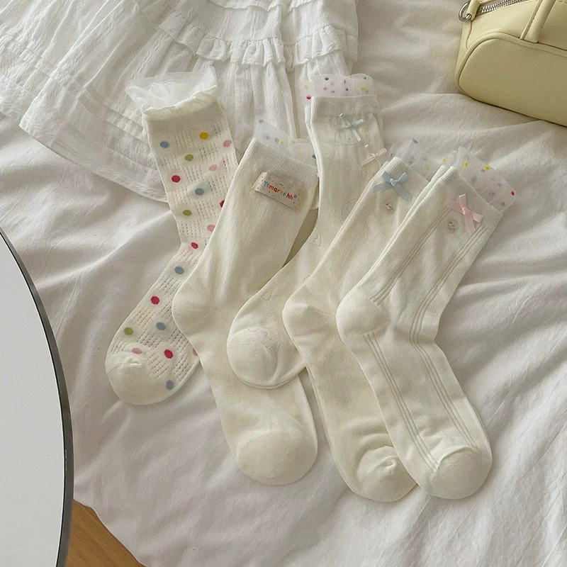 Polka Dot Bow Medium Tube Socks Bubble White Socks Women's Summer Thin Mouth Sweet Lace Lace Stack Socks Women