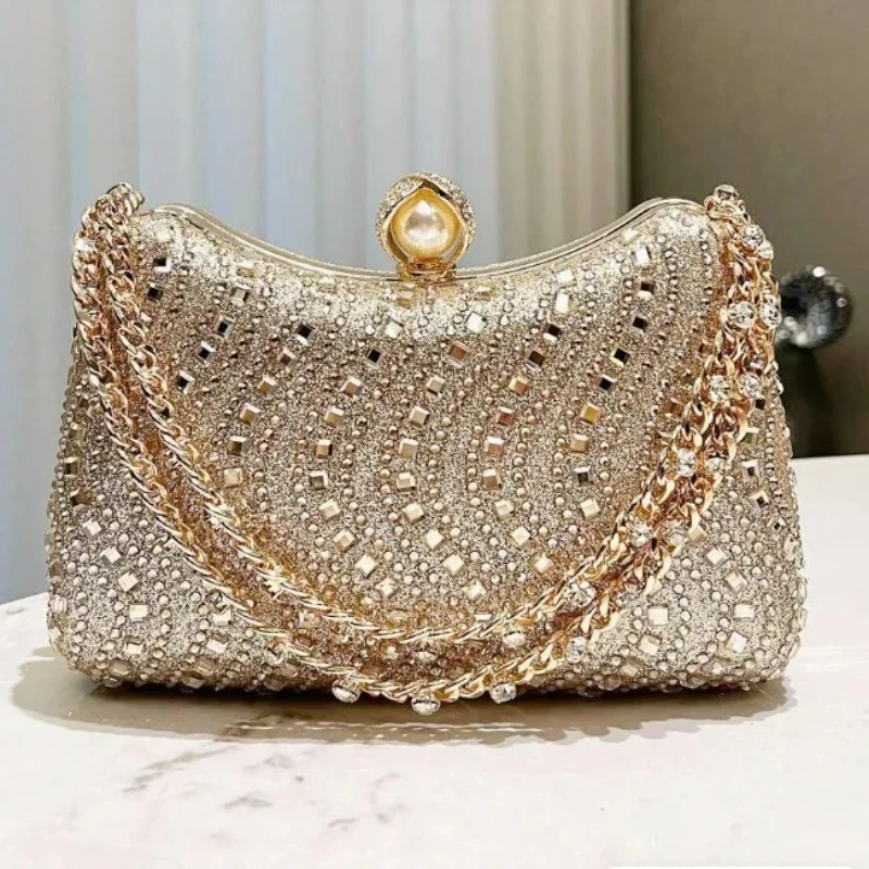 Retro Luxury Evening Clutch for Women, Fine Rhinestone Diamond Inlay, Gold Silver Blue Small Wedding Party Shoulder Bag
