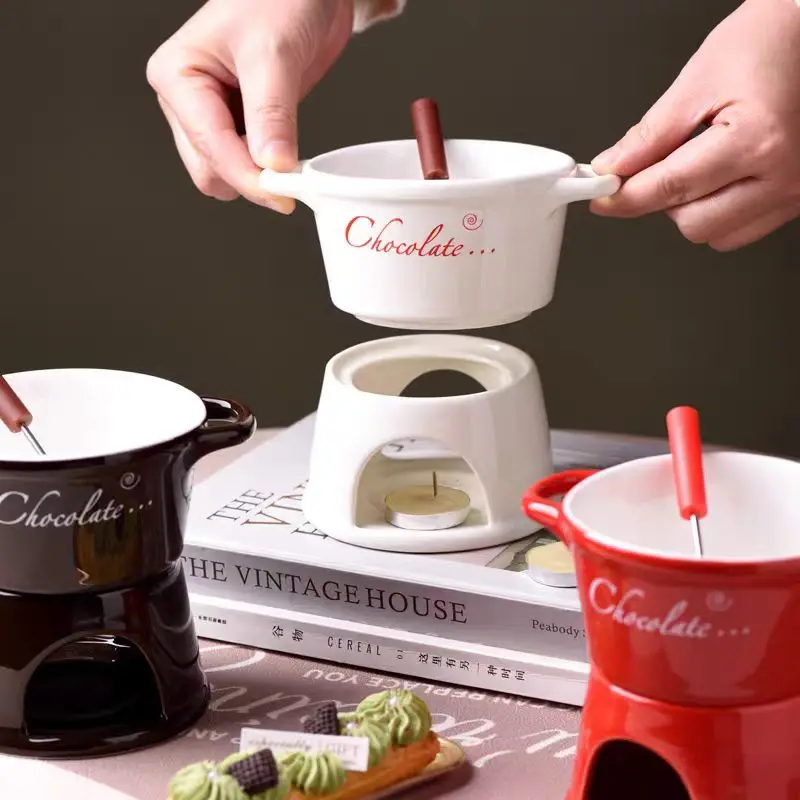 Chocolate Mug European Swiss Ice Cream Cheese Chocolate Melt Oven Red Ceramic Atmosphere Hot Pot Cup With Fork