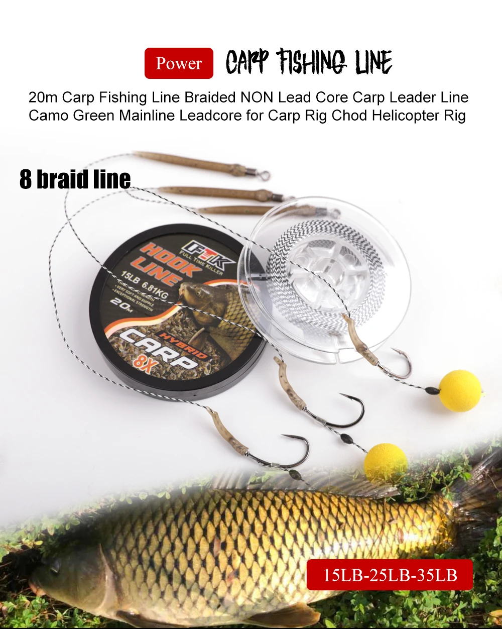 FTK 20m Karpfen-Angelschnur Weiche Hakenverbindung 15/25/35LB Karpfen-Hooklink Unbeschichtete Geflechtschnur für Hair Rig Karpfen-Angelausrüstung – Detail 1