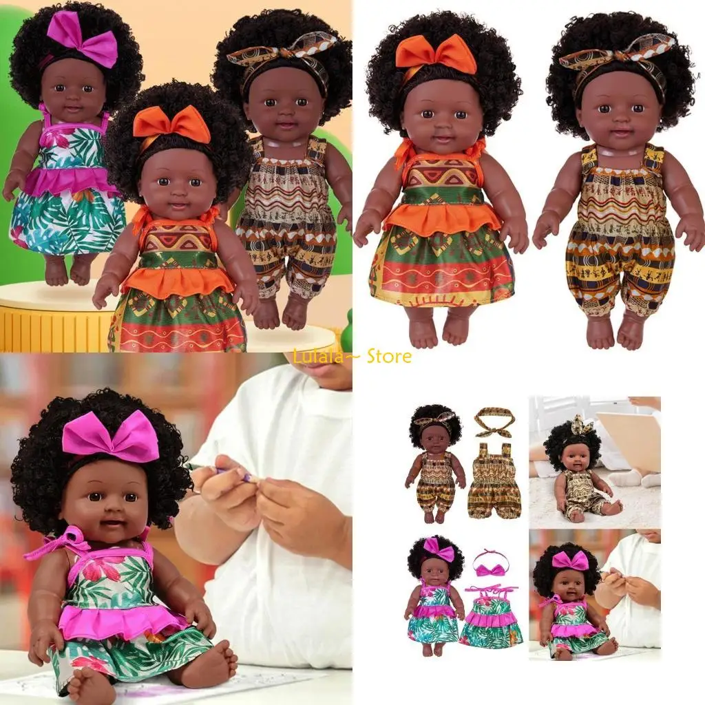 

Y4QA 30cm Realistic African Doll Reborns Black Baby Doll with AfroHair Life Like Educational Reborns Grandmas Parenting Game
