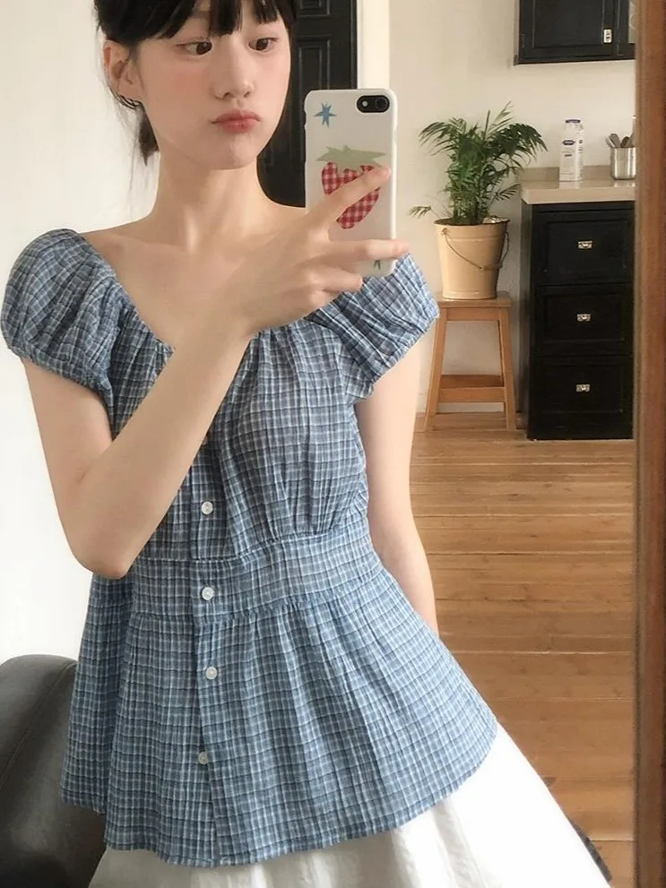 

Summer Plaid irt Women's Fre Waist-Cinching Slimming Chic Cute Anti-Aging Trendy Top Korean Sle Slim Fit ort Sve