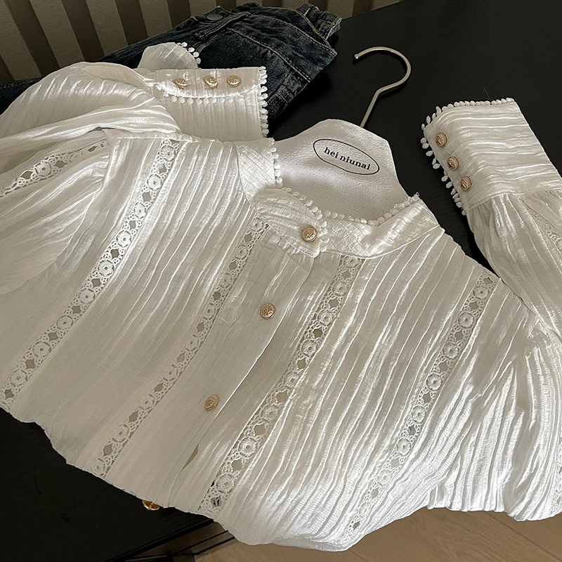 

Wedbleser Hollow Embroidery Pleated Wool Ball Shirt 2025 Autumn New Style Women Fashion Niche Simple Cardigan Top Girl