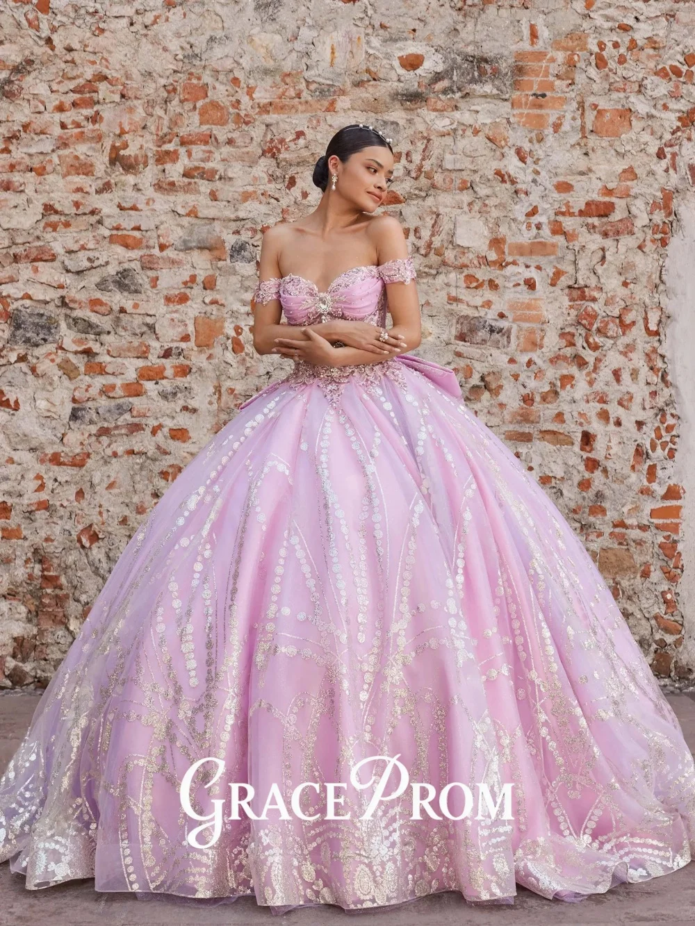 

Radiant Lavender Pink Tulle Off Shoulder Quinceanera Dress Formal Glitter Gold Birthday Gown Splendid Ball Gown Floor Length