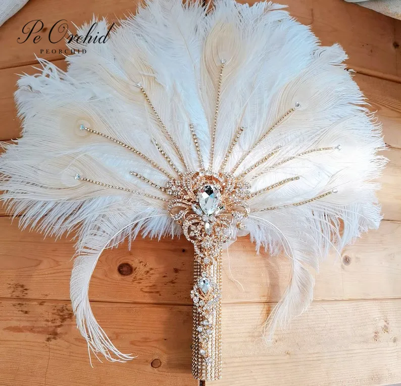 PEORCHID Ostrich Feather Fan Bouquet with Crystal Alternative Bouquet Great Gatsby Wedding Style Artificial Wedding Bouquet