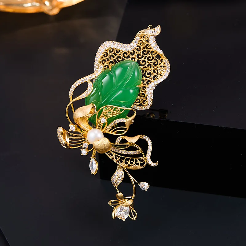 Jade Magnolia Brooch with Faux Pearl, Hollow Carved Lapel Pin for Qipao Coat Women