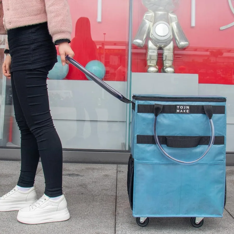 Grand sac d'épicerie réutilisable bleu sur roulettes avec 8 poches et housse à glissière pour un shopping efficace, fourre-tout pliable à roulettes avec Hea