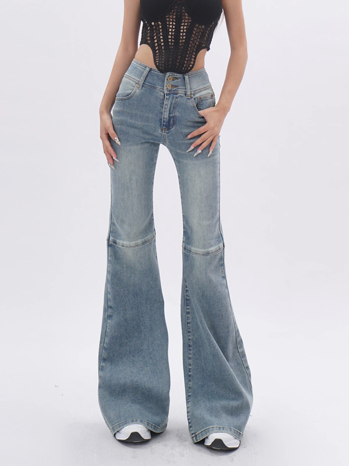 

American High Street Blue Washed Bell Bottom Jeans Women's Spring Autumn Elastic Design Slim Wide Leg Micro Flared Pants