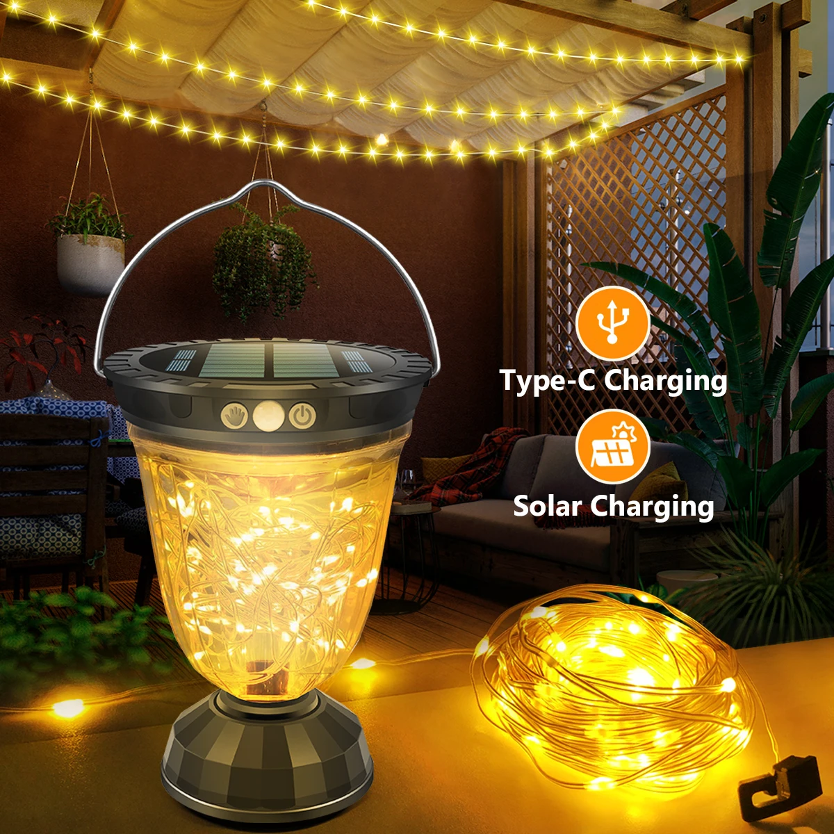 

Solar Light String 10M Outdoor Waterproof Auto Sensor Wall Ground Hanging Lamp Solar or USB Charging 10 Modes for Garden Decor