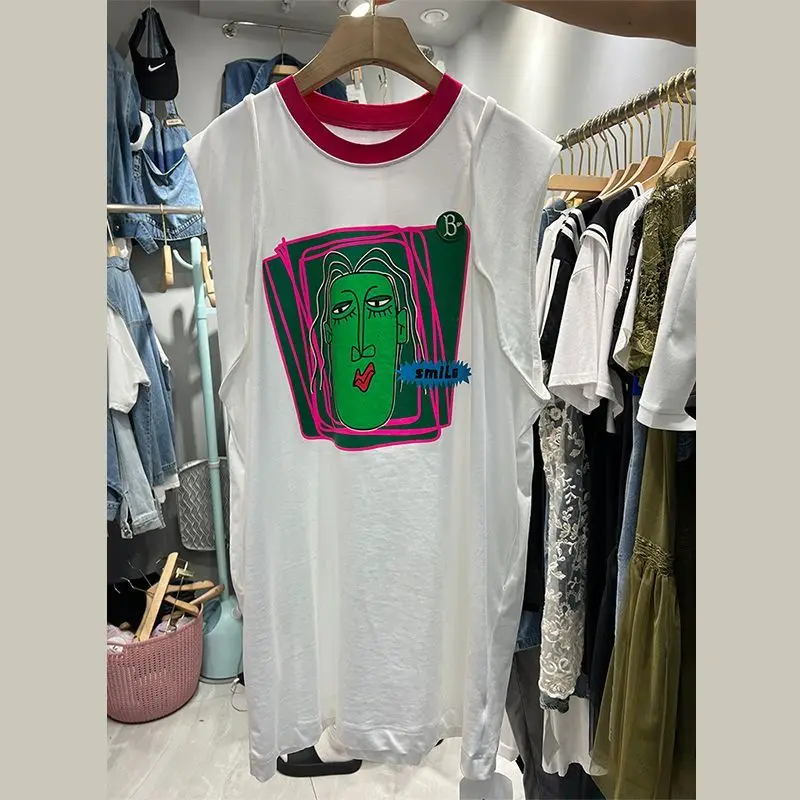 Robe t-shirt sans manches pour femmes, surdimensionnée, mode décontractée, ample, imprimé, Patchwork, col rond, mi-longue, vêtements irréguliers, été