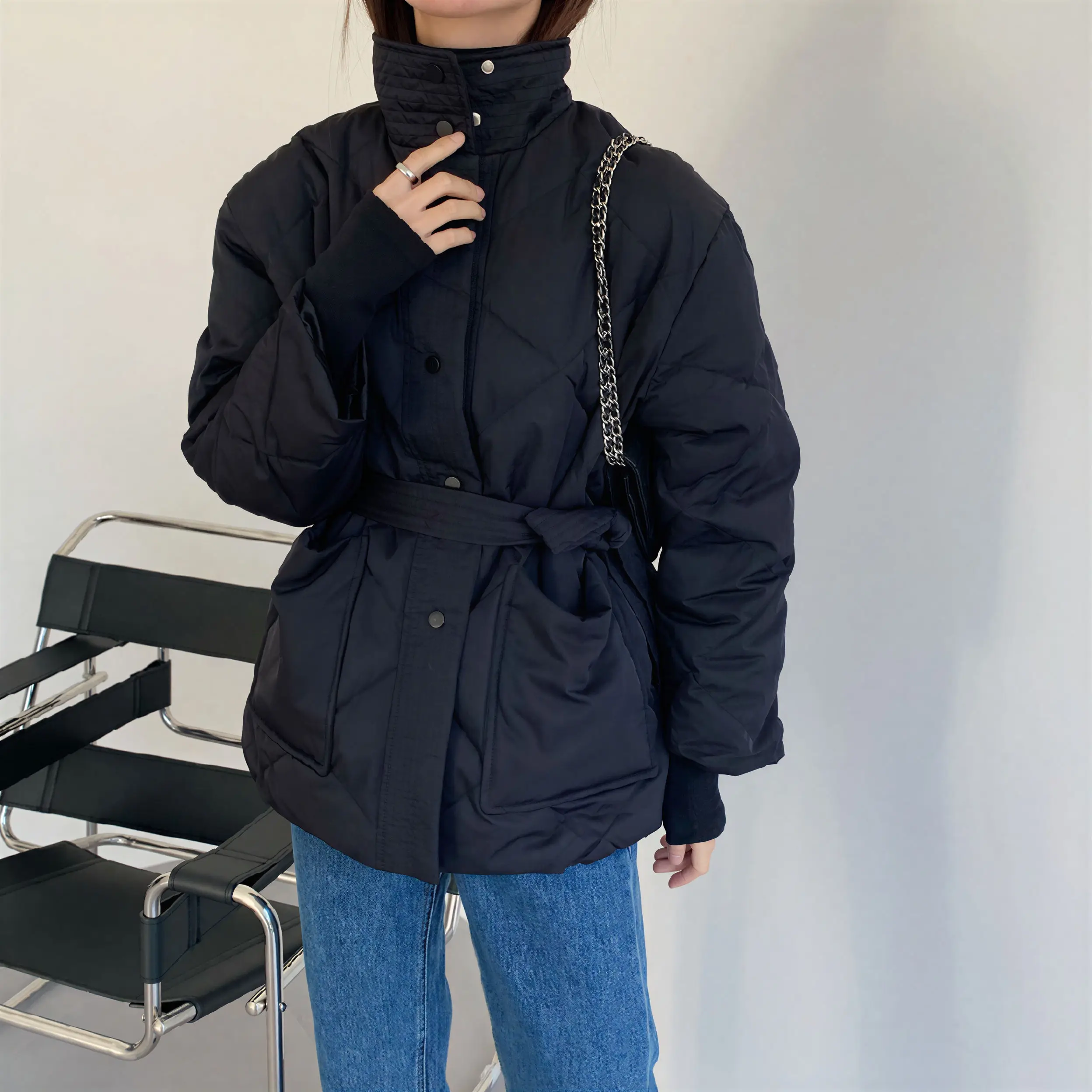 パーカー レディース インフォーマル オフシーズン ポリアミド パッド入りコットン ツーサイド カラーブロッキング スナップボタン フレア スタンドカラー フリル付き