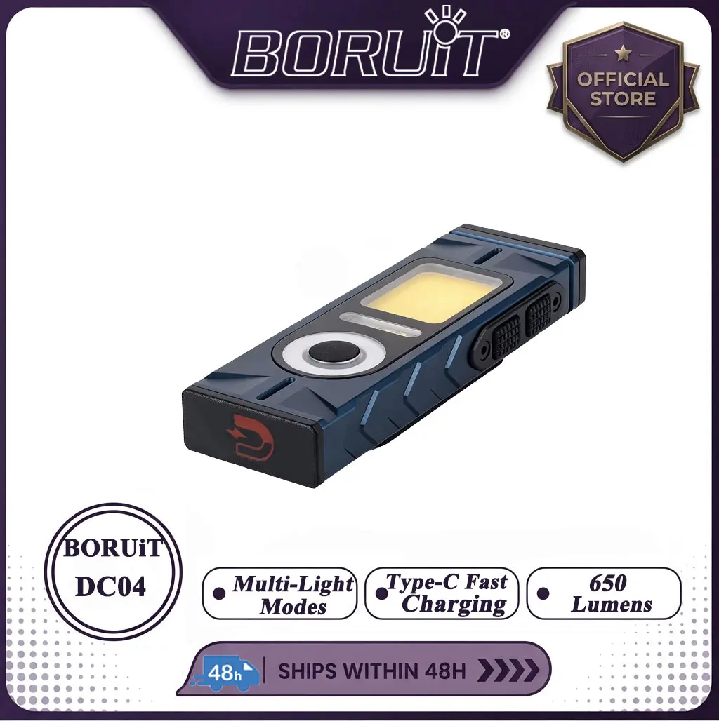 BORUiT DC04 650LM EDC Lampe torche magnétique rechargeable Type-C, lampe de travail, lampe de poche avec clip, faisceau UV vert RGB, lampe d'urgence pour extérieur