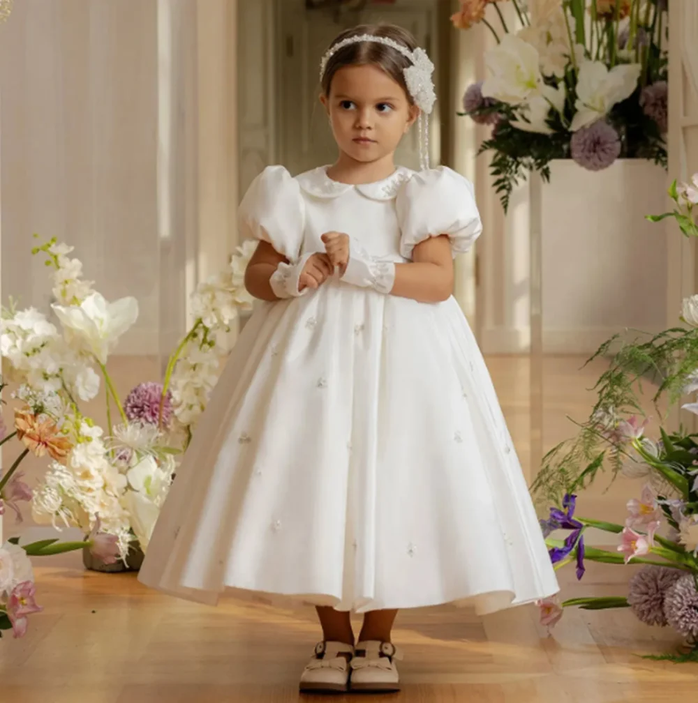 カスタマイズされたエレガントなフラワーガールドレス結婚式用ビーズパール半袖子供の誕生日パーティー初聖体拝領ページェントガウン