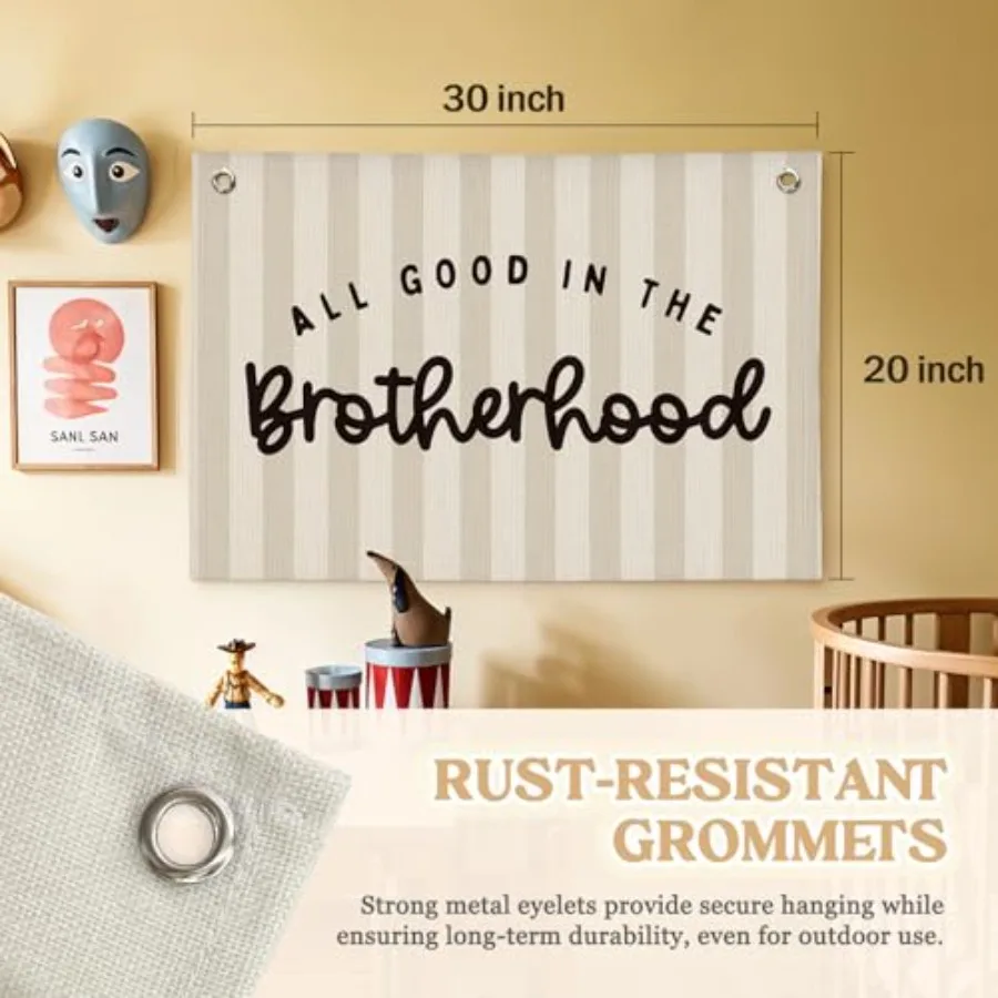 Boy Nursery Decor, Playroom Decor, All Good in the Linen Canvas Banner Boys Room Wall Hanging Flag for Nursery Bedroom 20x30 In