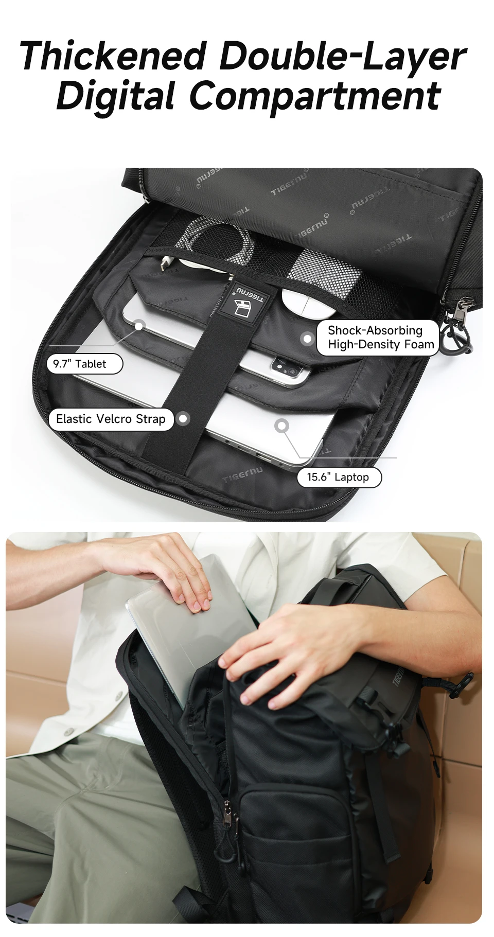 Tigernu Reiserucksack für Herren, TPU, wasserdicht, Rucksack für Herren, erweiterbar, Herrenrucksack, Business-Taschen, Schulrucksack – Detail 5