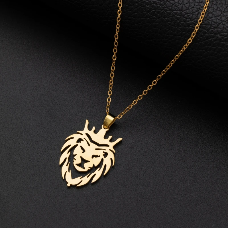 Fashion Cool Stainless Steel Hollow Crown Lion King Pendant Necklace for Men Women Domineering Rock Party Biker Jewelry