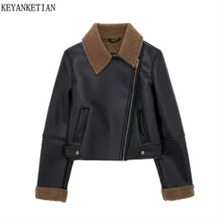 KEYANKETIAN Winter New Women's Artificial Leather Jacket Double Faced Fur Fleece Thick Thick Warm Coat Crop Top Zipper Outerwear