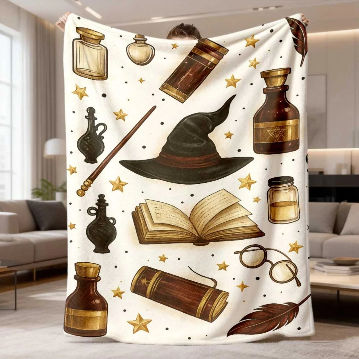 2026 New Flannel Blanket Release 1pc Named Magic Study Elements Throw Blanket Lightweight Flannel All-Season Blanket Featuring a Vintage Fantasy Design (Wands, Owls, Potion Bottles) for Sofa, Office, Travel, Camping, Home Decoration