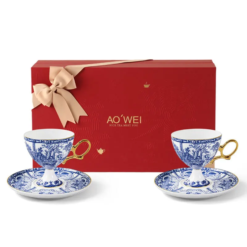 Newlywed Housewarming Gift Jingdezhen Ceramic Blue and White Gold-Embossed Coffee Cup and Saucer Wholesale Dropshipping New Year