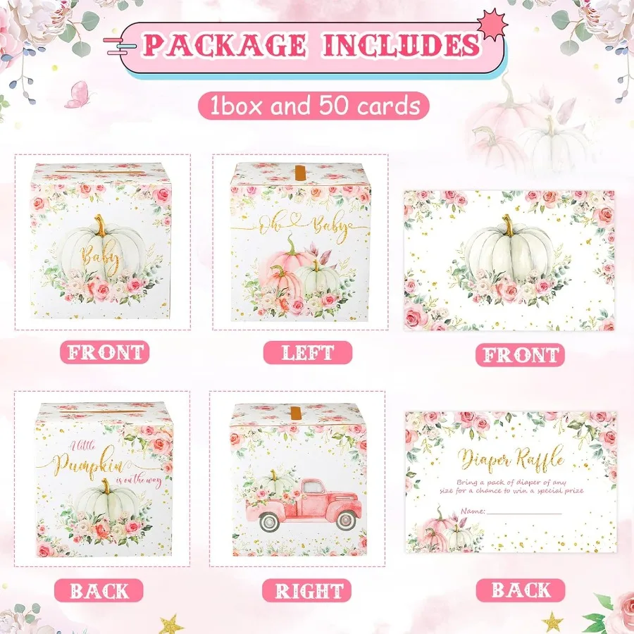 51 Pcs Thanksgiving Pumpkin Diaper Raffle Card Box with Diaper Raffle Tickets Insert Card Little Pumpkin Is on The Way for Baby