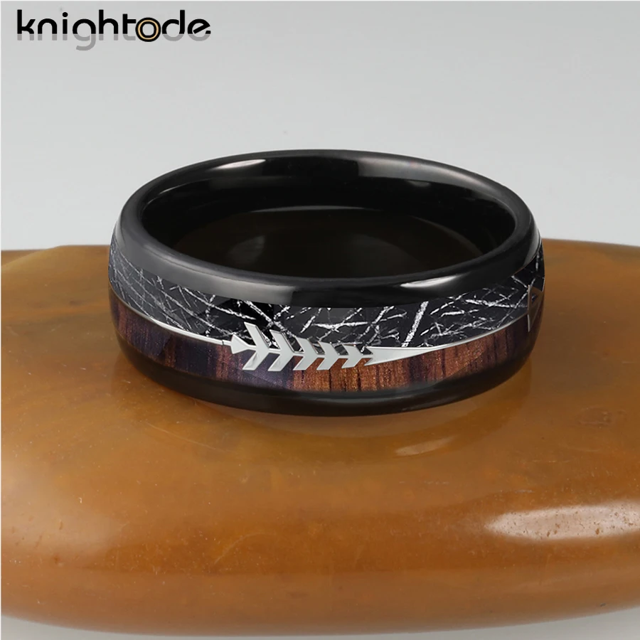 Black Meteorite/Koa Wood Unique Texture Inlay Tungsten Carbide Ring For 8mm Men Women Wedding Slivery Arrow Dome Polished