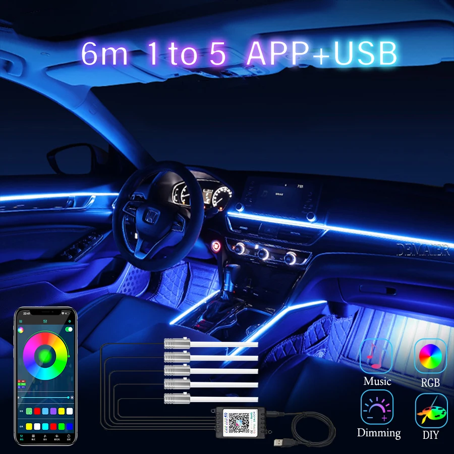 LED Car Interior Decoration USB Atmosphere lamp RGB Light EL  Optic Fiber Neon Strip  Auto DIY Flexible Ambient APP Music  Auto