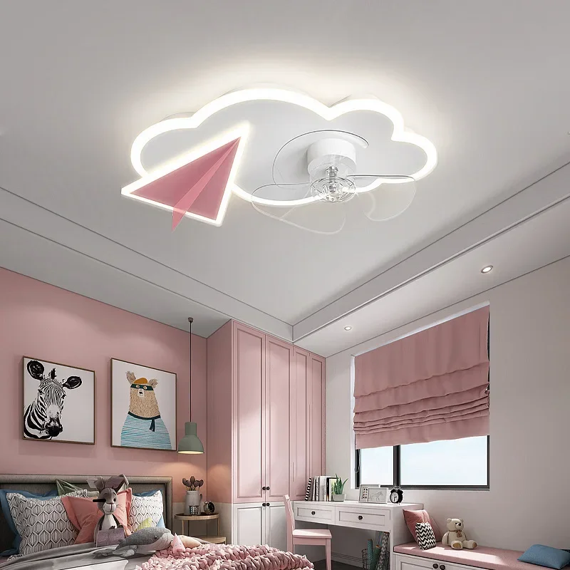 Children Cute Ceiling Fans With Lights Pink Blue Paper Airplane Design Dimmable Bedroom Living Room Fan Lamp APP Remote Control