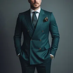 New Arrival Green Men Suits Two Piece Fashion Peak Lapel Double Breasted Suit Business Casual Wedding Tuxedo (Blazer+Pants)