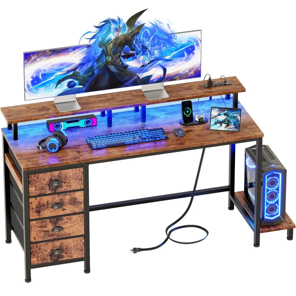 

55 Inch Computer Desk Gaming with 4 Fabric Drawers with Power Outlets and LED Lights for Home Office with Full, Customized