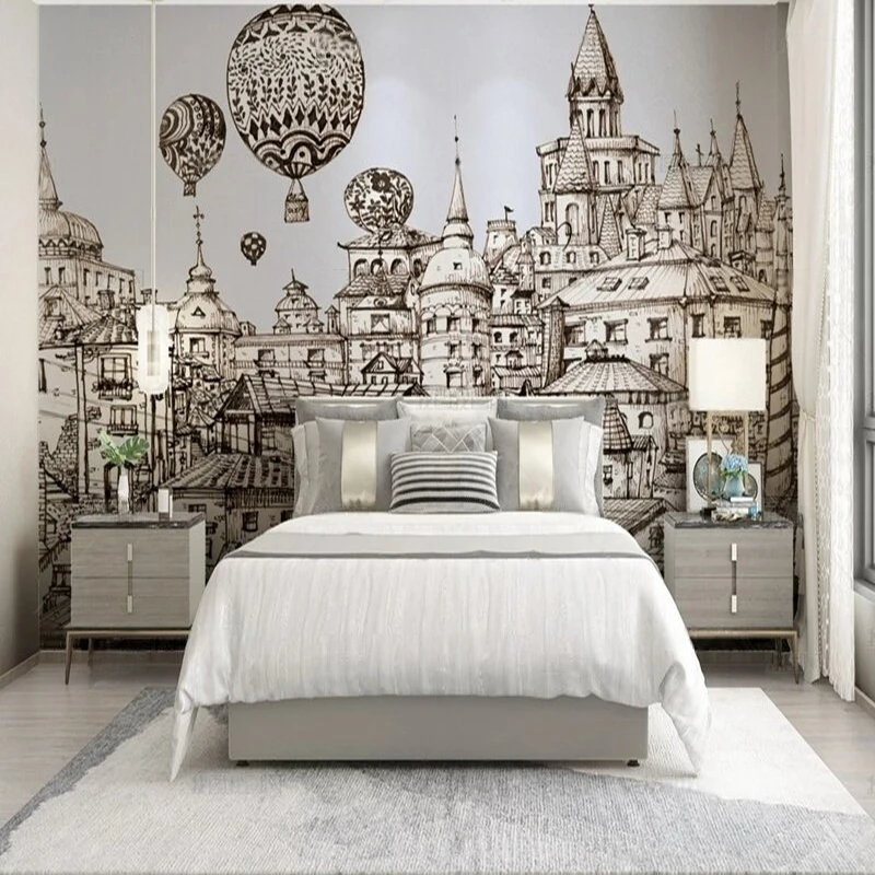 

Custom Vintage Hand-Painted Mural Wallpaper - Building & Hot Air Balloon Design Wall Decor Background for Living Room Bedroom