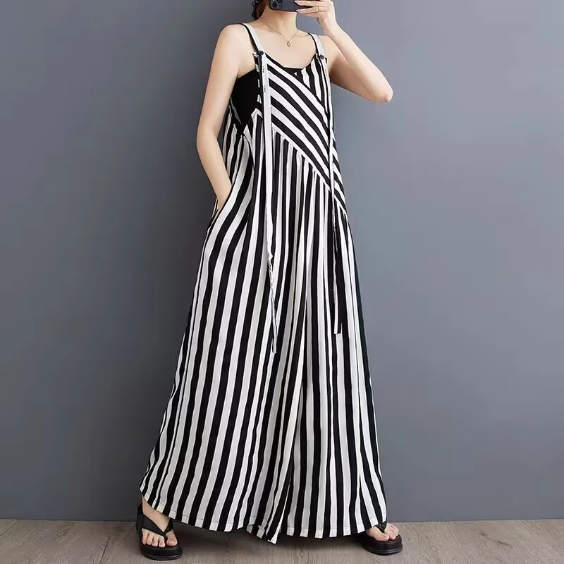 Frans ontwerp gevoel mode groot formaat jumpsuit dames zomer losse casual schouderband wijde pijpen broek dames bodysuit