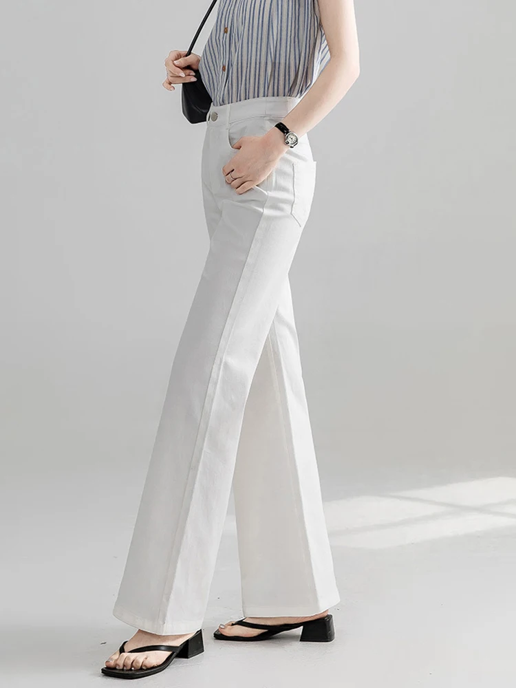 Roupas femininas retro casual branco jeans cintura alta calça longa elegante senhora denim flares calças mujer moda commute novo
