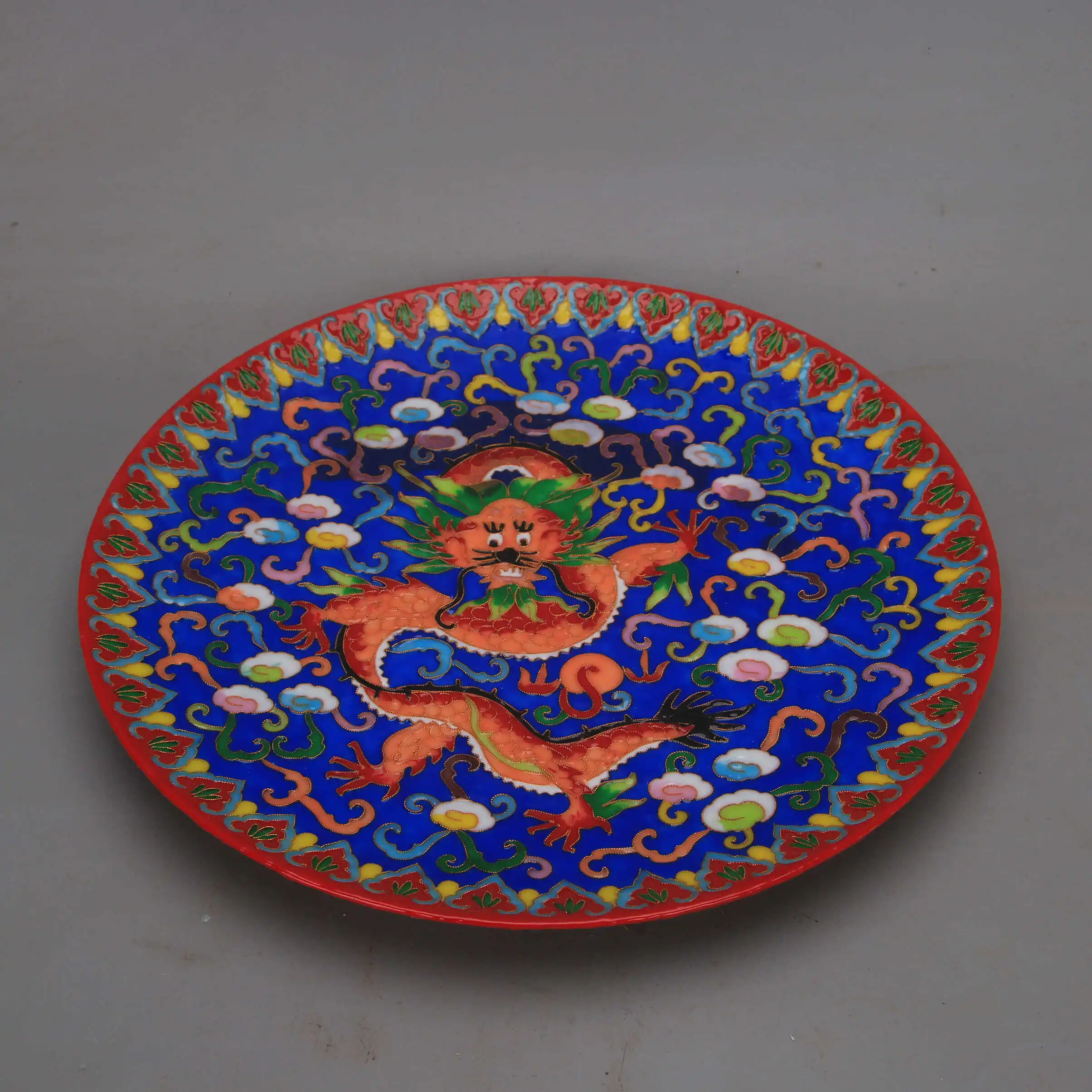 Cloisonne Style Enamel Blue Ground Dragon Pattern Interlocking Lotus Large Display Plate Qianlong Mark Home Decor Collectible