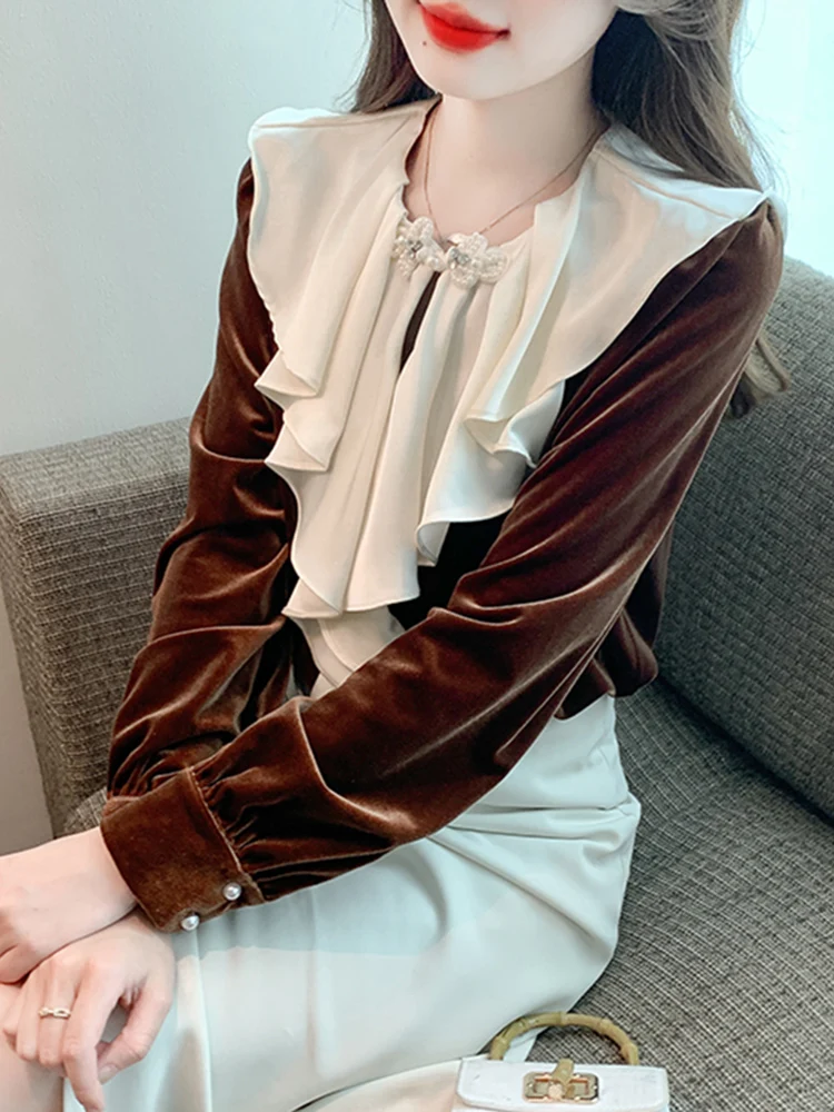

Женская бархатная блузка на раннюю весну 2026 года, новая коллекция, в стиле ретро, премиум-класса, элегантный топ прямого кроя, длинная модель